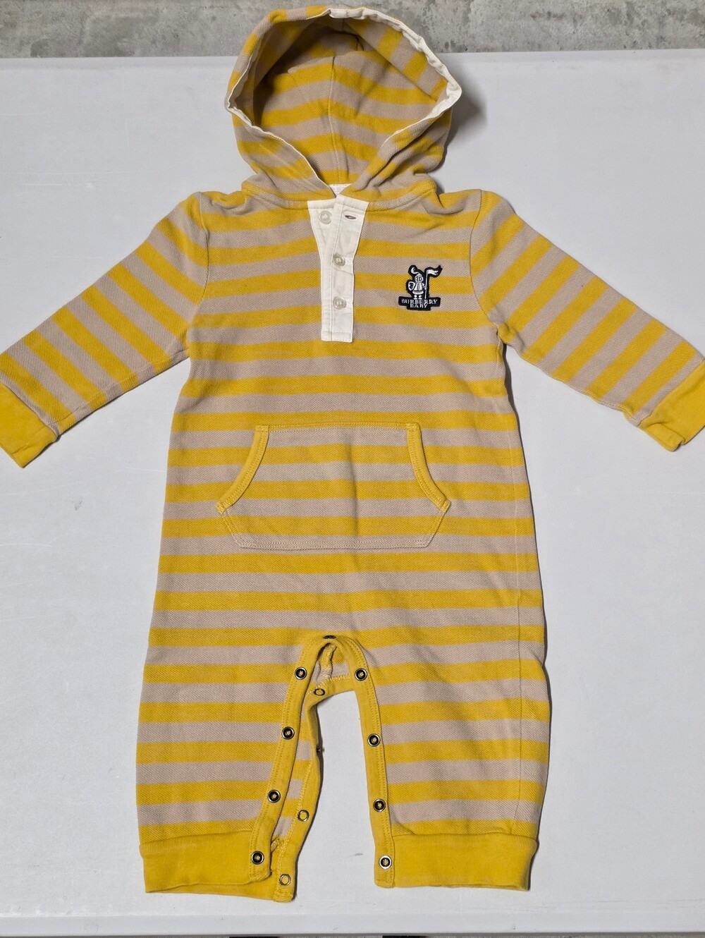 Burberry Baby Hooded Striped Long Sleeve Cotton Knit Romper Snap 9-12M